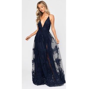 LUXXEL | Plunging Floral Navy Maxi Dress